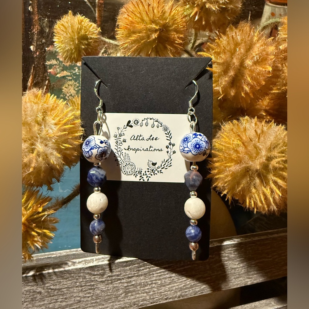 Ceramic, Sodalite, Calcite and Sterling Earrings by Alta Lee Inspirations
